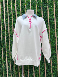 Denim Neck Pink Trim Sweater