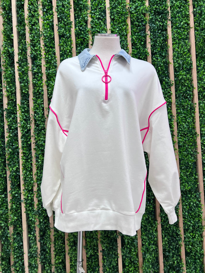 Denim Neck Pink Trim Sweater