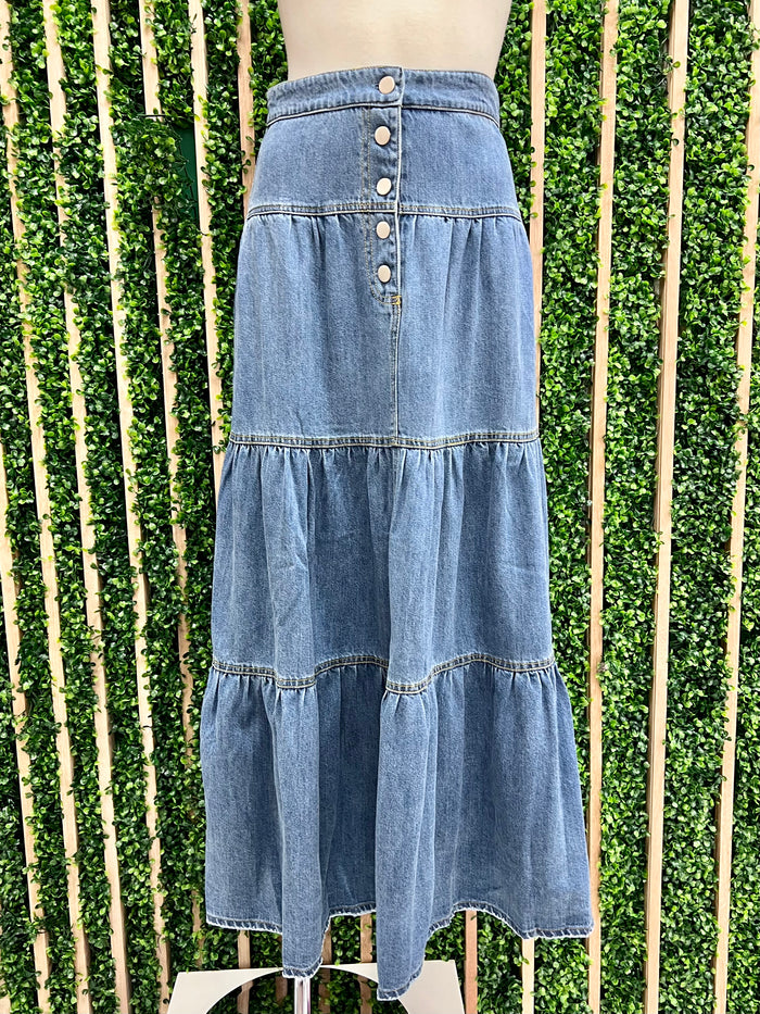 Dark Denim Tiered Maxi Skirt