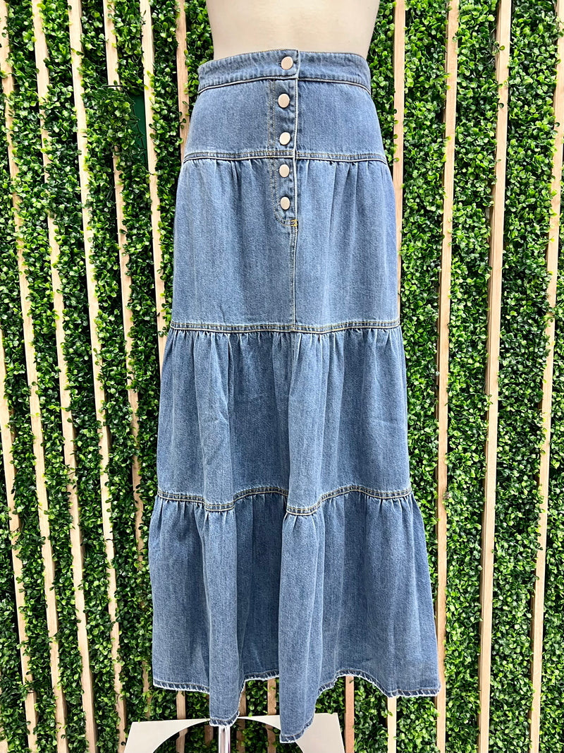 Dark Denim Tiered Maxi Skirt