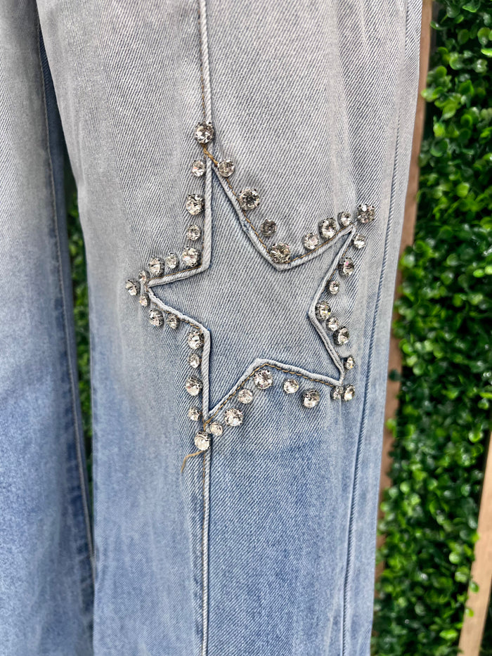 Ombre Rhinestone Star Mid Rise Denim