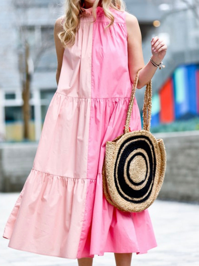 Pink Color Block Ruffle Neck Midi Dress