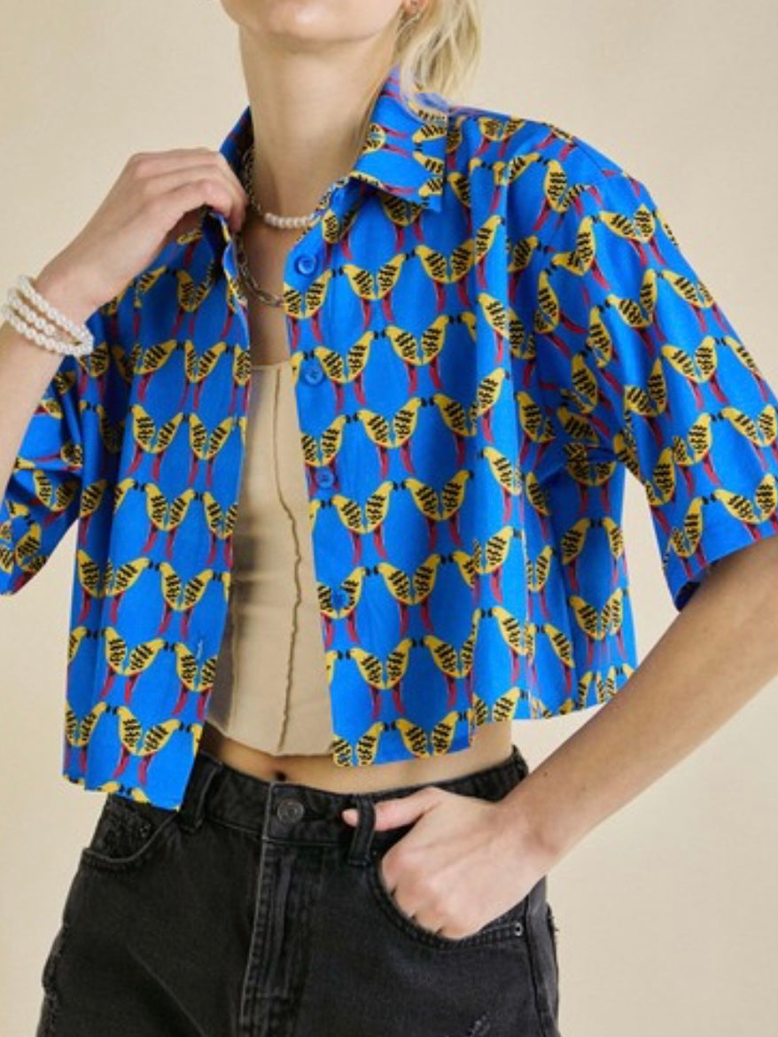 Blue Bird Print Crop Top