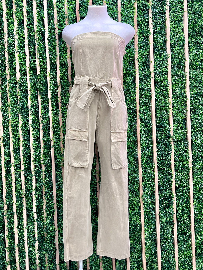 Washed Olive Strapless Jogger Jumpsuit