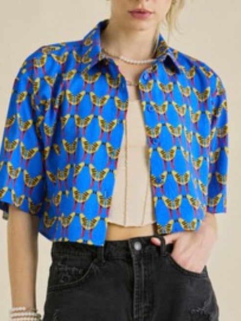 Blue Bird Print Crop Top