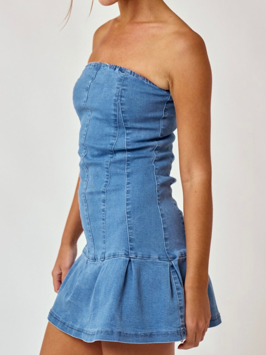 Strapless Ruffled Denim Short Dress