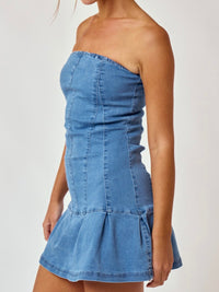 Strapless Ruffled Denim Short Dress