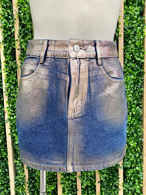 Metallic Detail Short Denim Skirt