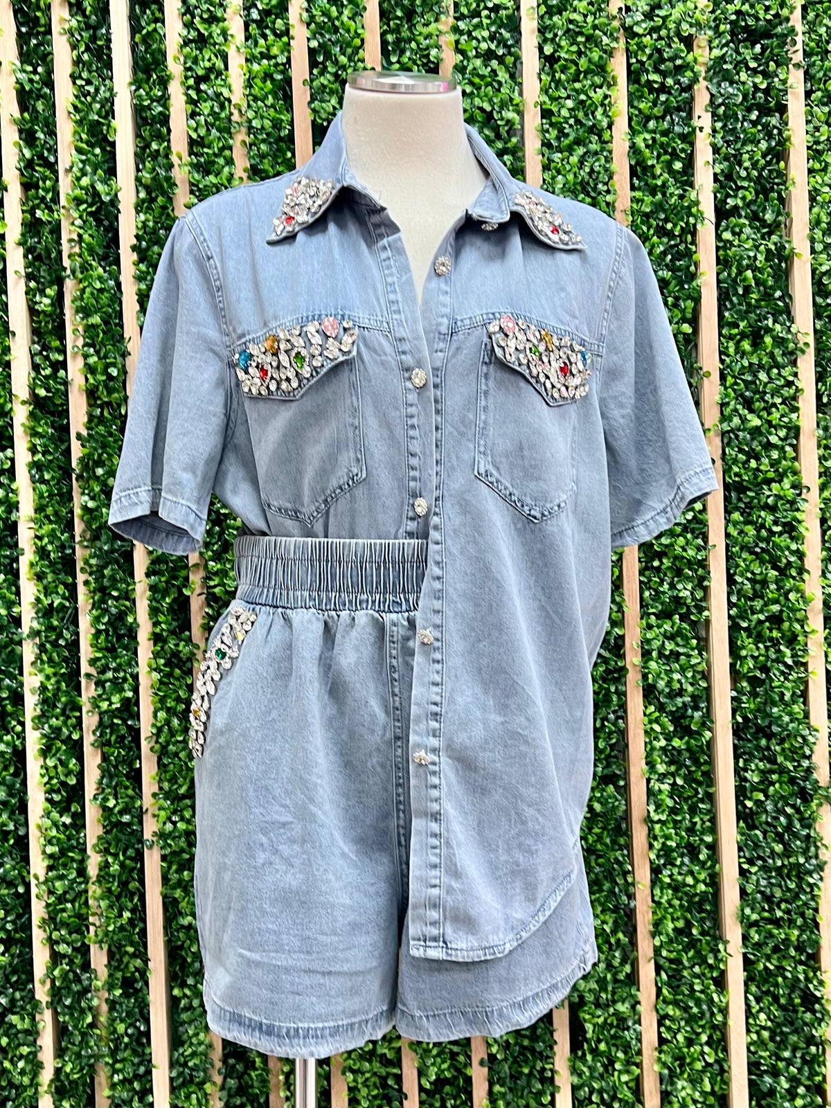 Rhinestone Embellished Denim Blouse