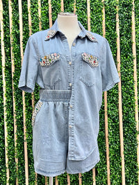 Rhinestone Embellished Denim Blouse