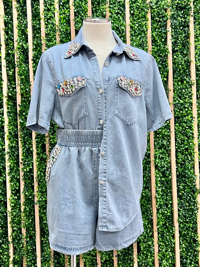 Rhinestone Embellished Denim Blouse