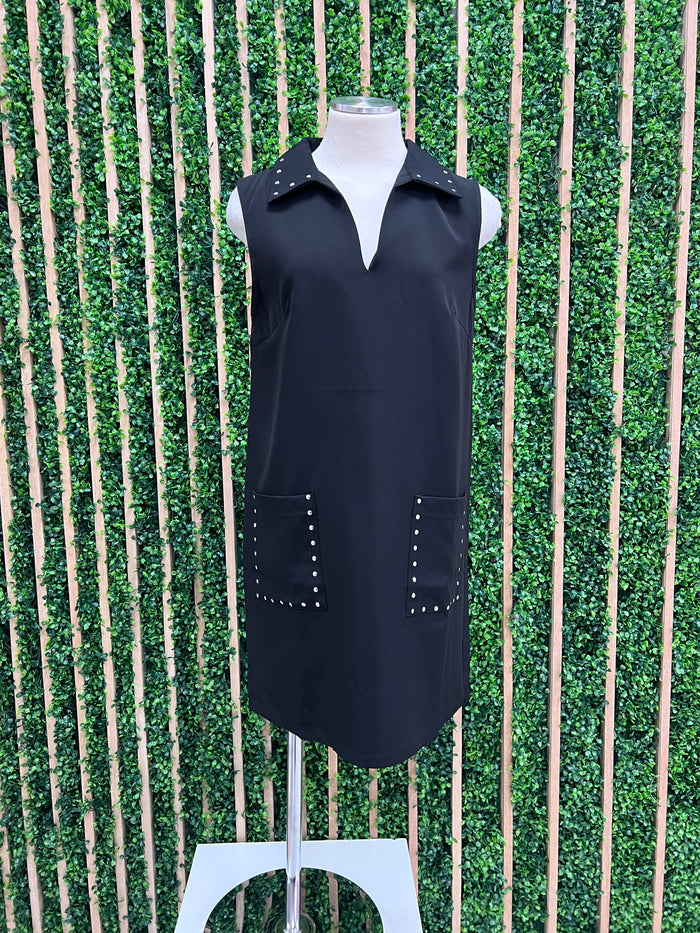 Black Studded Neckline Short Dress