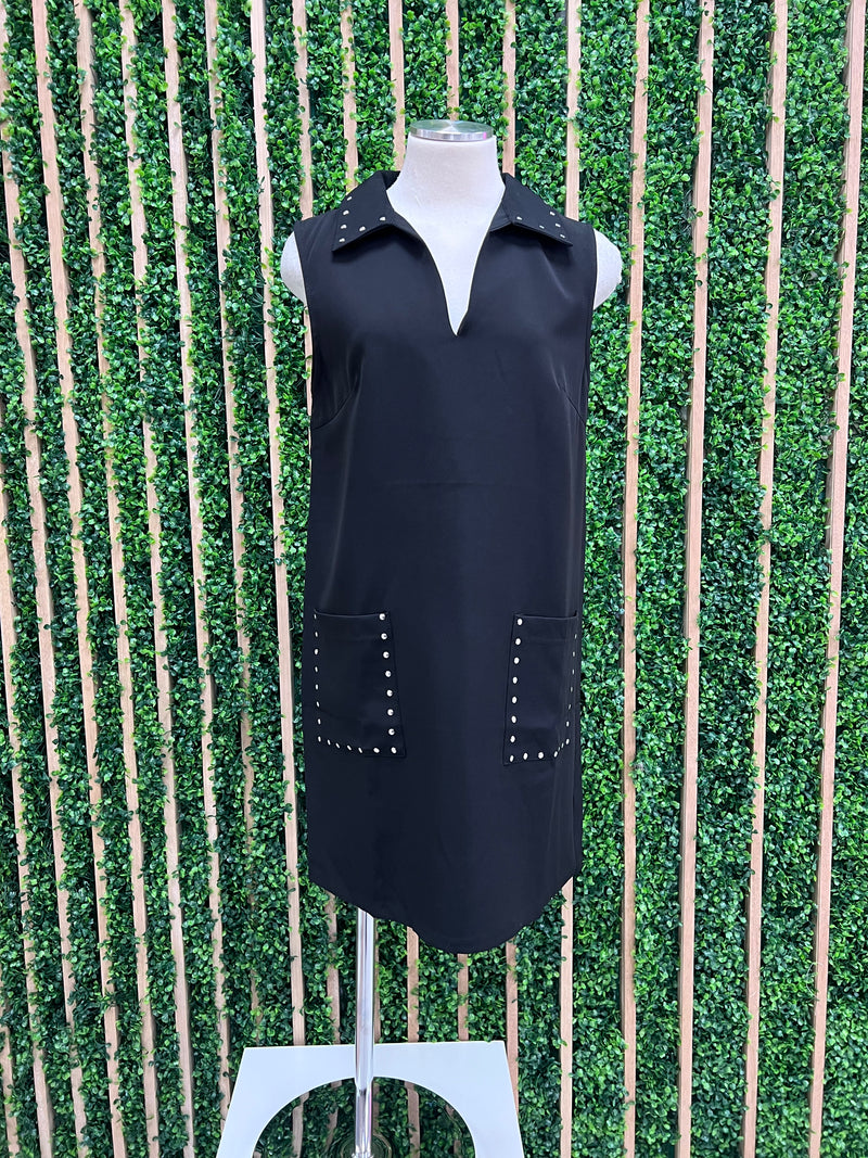 Black Studded Neckline Short Dress
