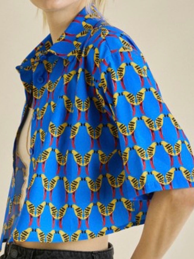 Blue Bird Print Crop Top