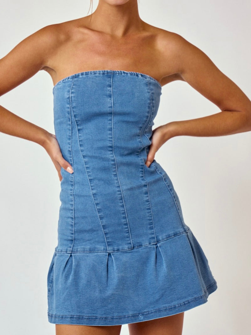 Strapless Ruffled Denim Short Dress