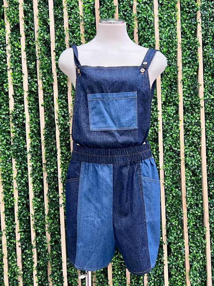 Denim Color Block Suspender Romper