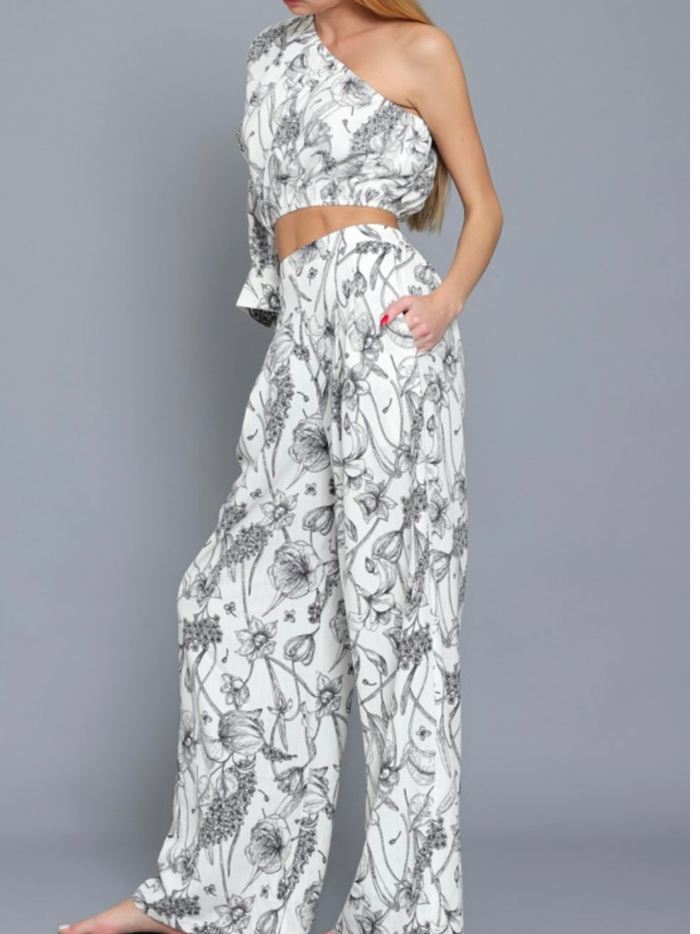 Ivory Black Floral One Shoulder Pant Set