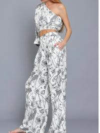 Ivory Black Floral One Shoulder Pant Set