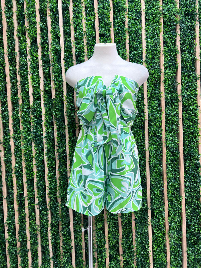 Green Floral Front Tie Romper