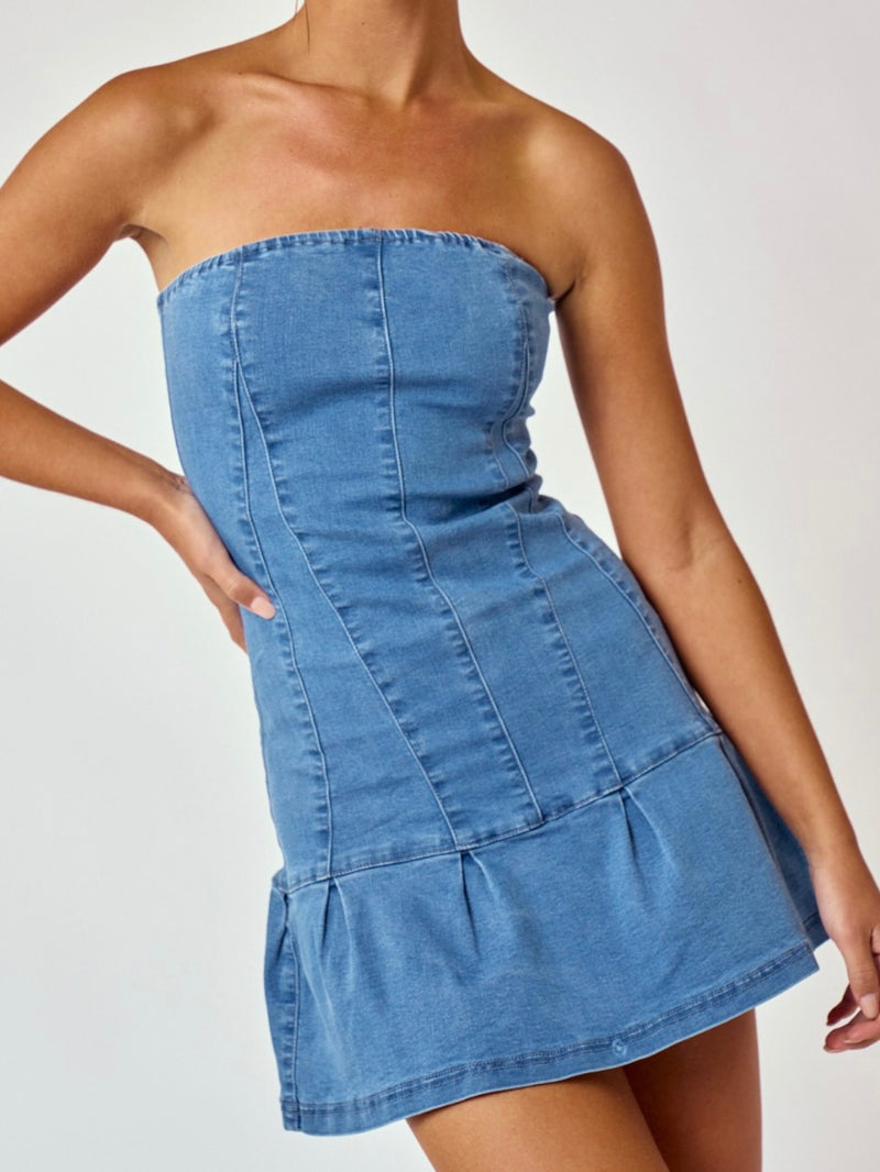 Strapless Ruffled Denim Short Dress