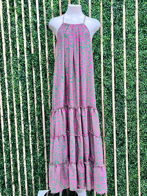 Green Pink Print Tiered Maxi Dress