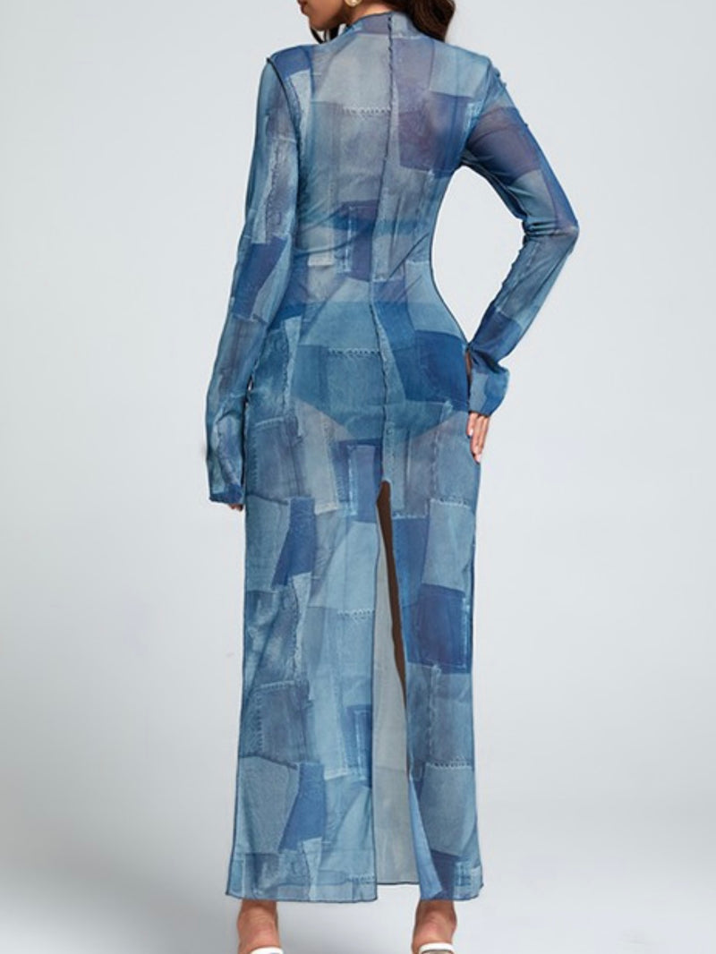 Denim Block Print Mesh Maxi Dress