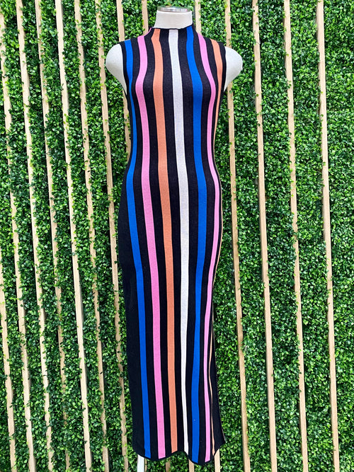 Black Multi Stripe Knit Midi Dress