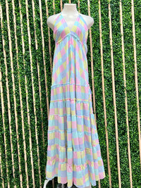 Multi Gingham Patchwork Halter Maxi