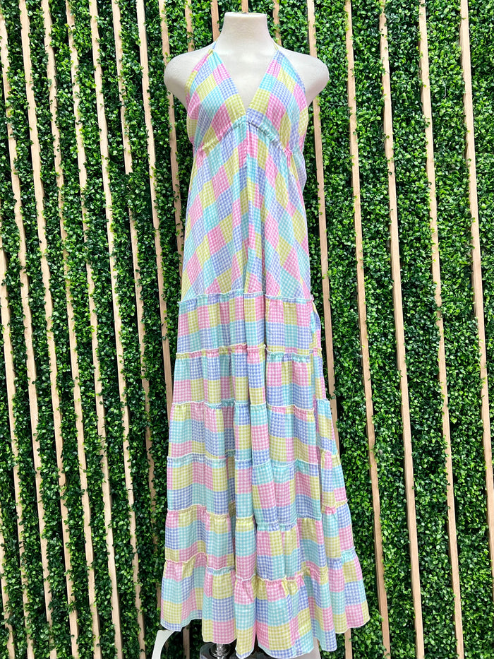 Multi Gingham Patchwork Halter Maxi