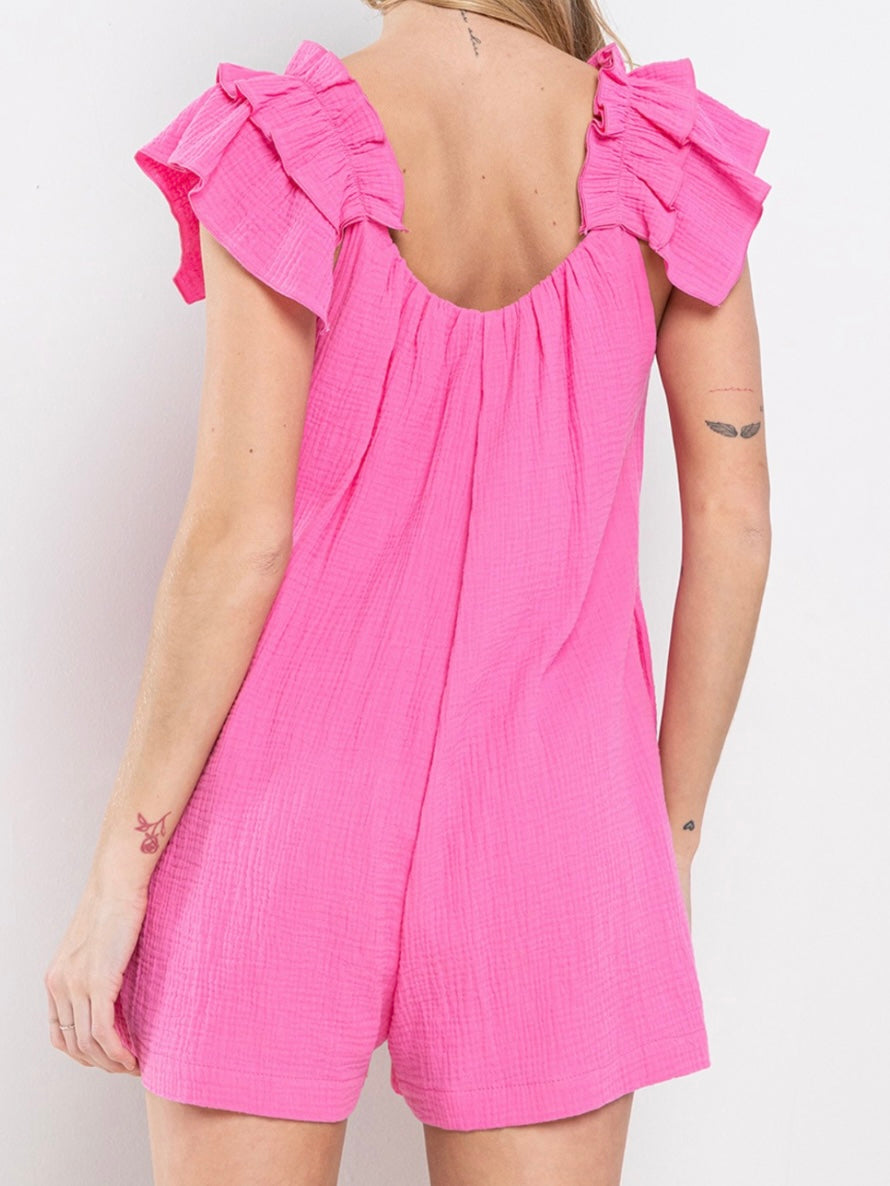 Gauze Solid Ruffle Romper