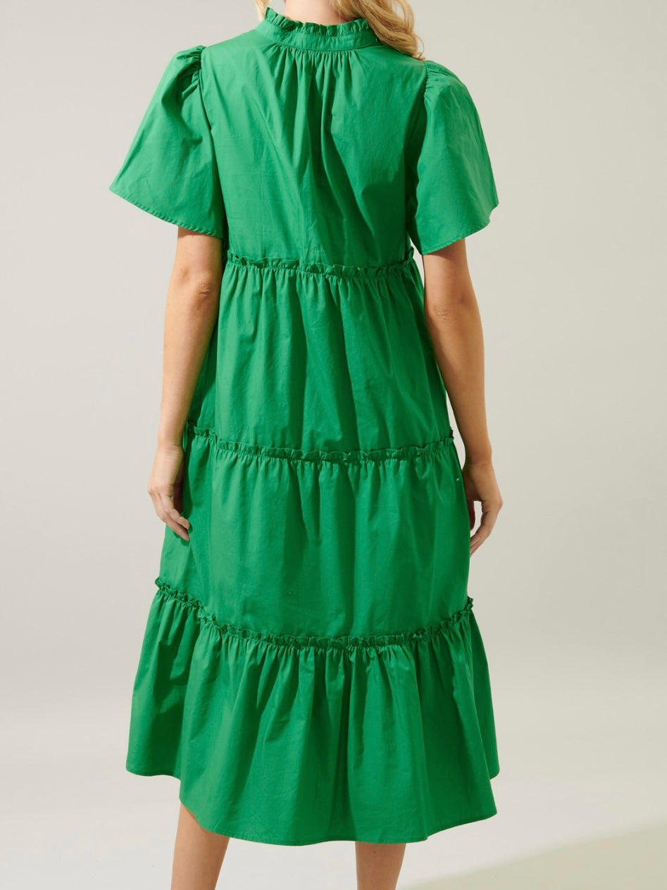 Kelly Green Angel Sleeve Tiered Midi Dress