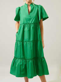 Kelly Green Angel Sleeve Tiered Midi Dress