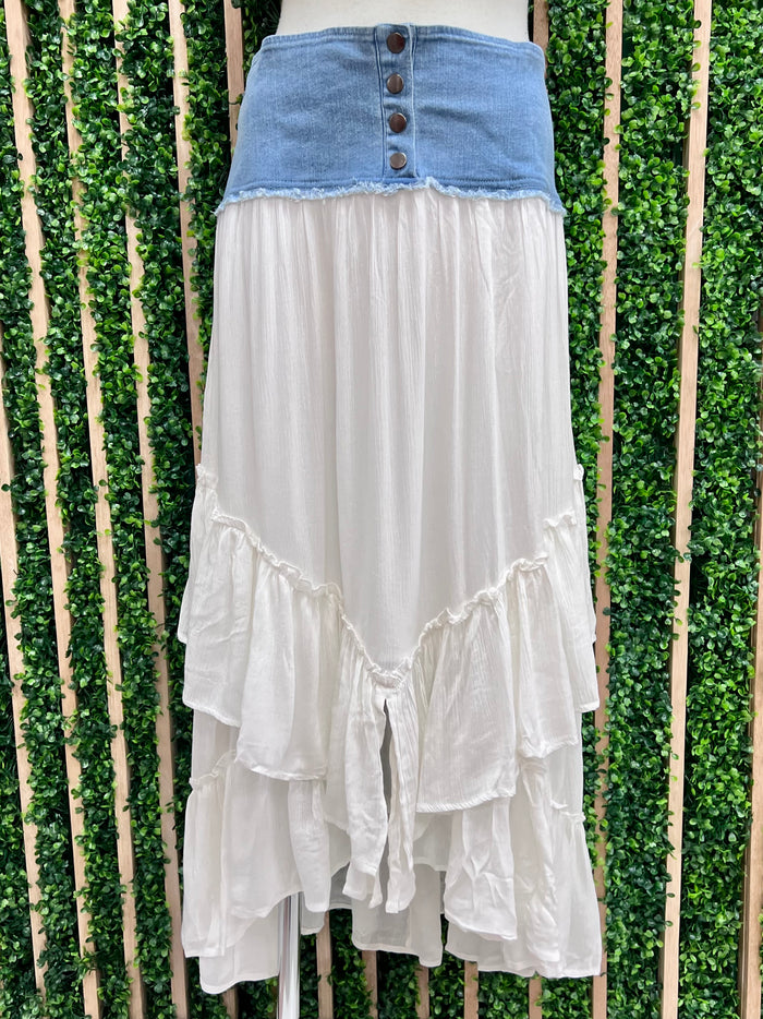 Denim Contrast Gauze Maxi Skirt