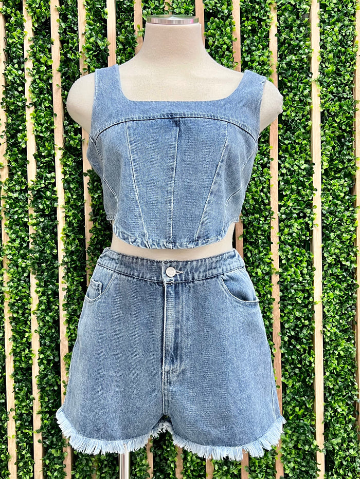 Denim Bustier Short Pant Set