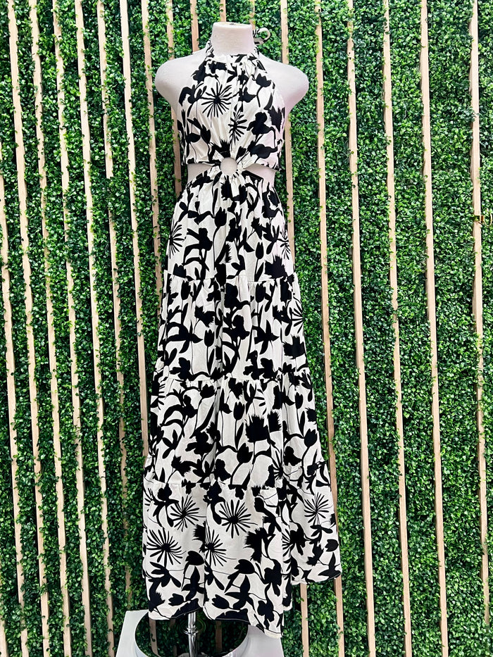 Delicate Black Cream Floral Cutout Maxi