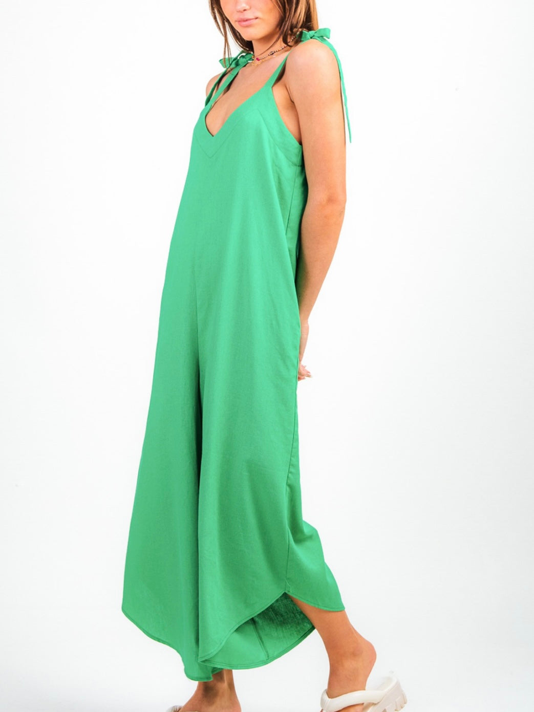 Green Linen Wide Leg Midi Jumpsuit