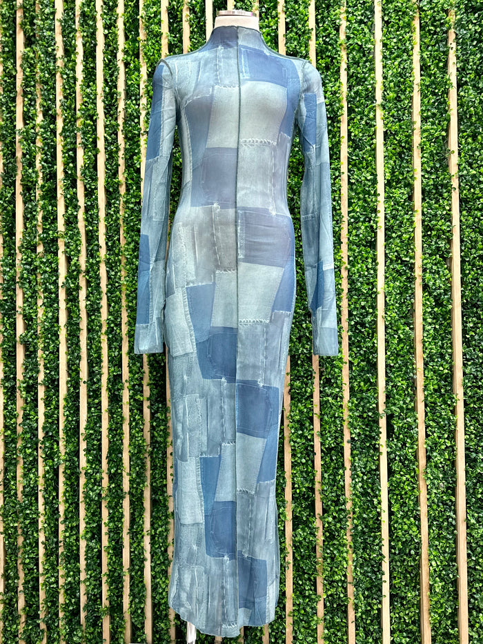 Denim Block Print Mesh Maxi Dress