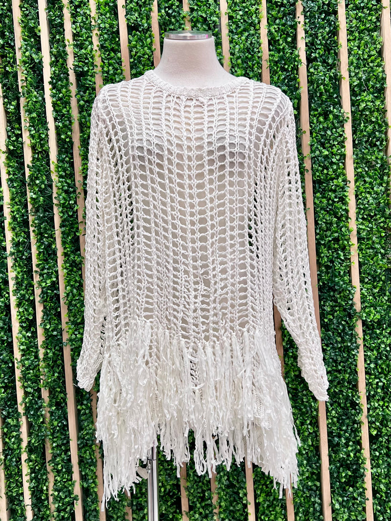 Off White Fringe Trim Long Sleeve Crochet Dress