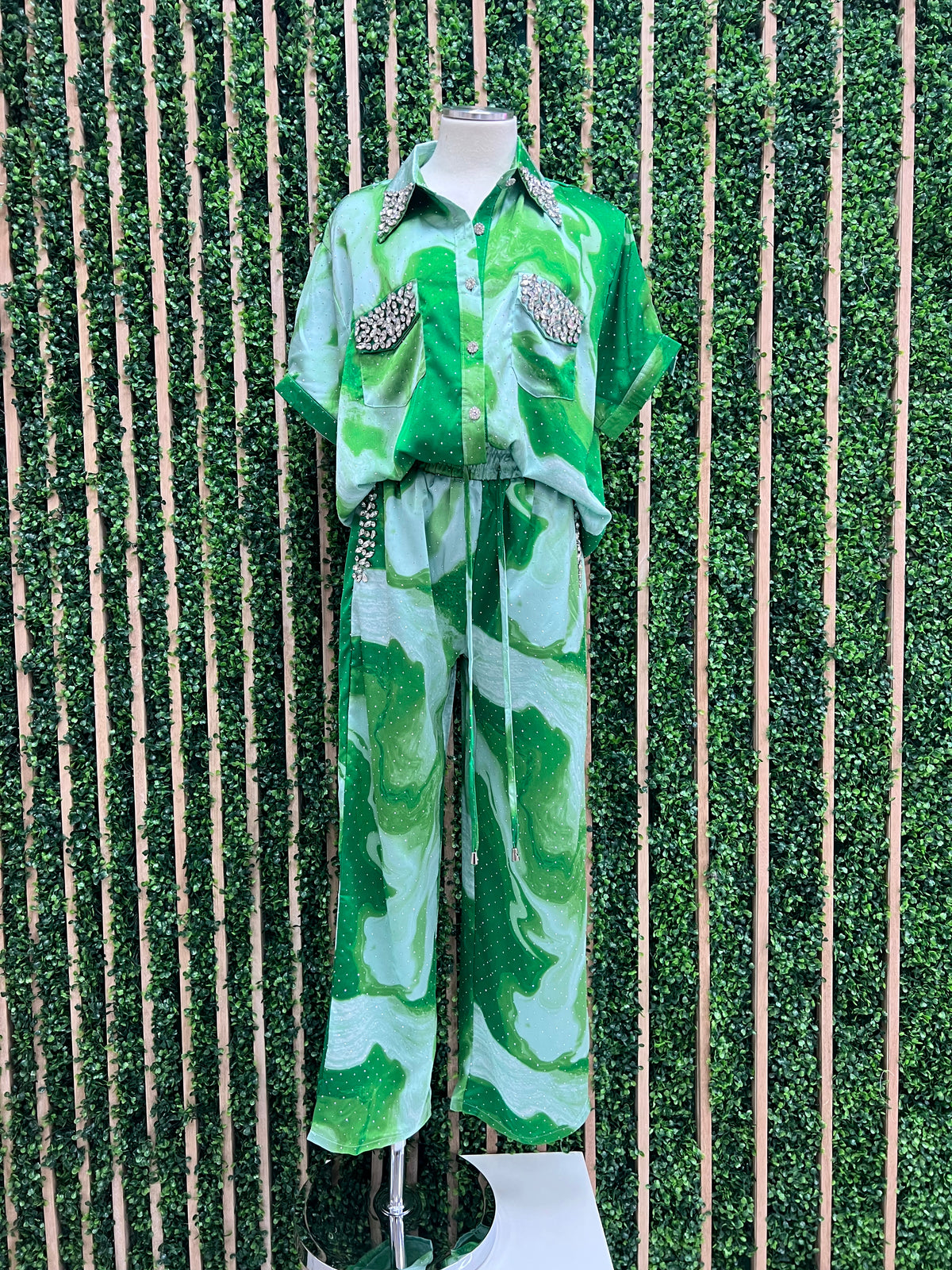 Green Rhinestone Embellished Trouser