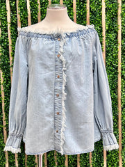Frayed Off Shoulder Button Down Blouse