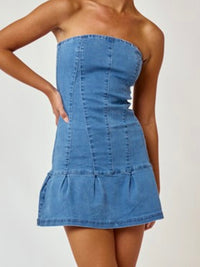 Strapless Ruffled Denim Short Dress