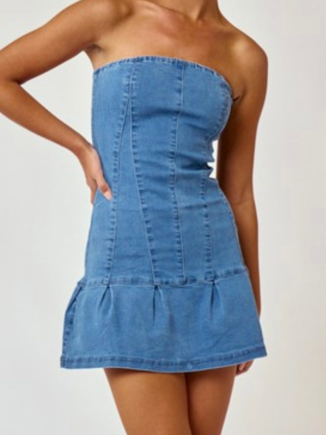 Strapless Ruffled Denim Short Dress