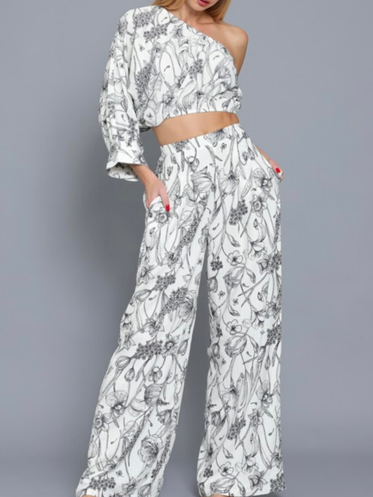 Ivory Black Floral One Shoulder Pant Set