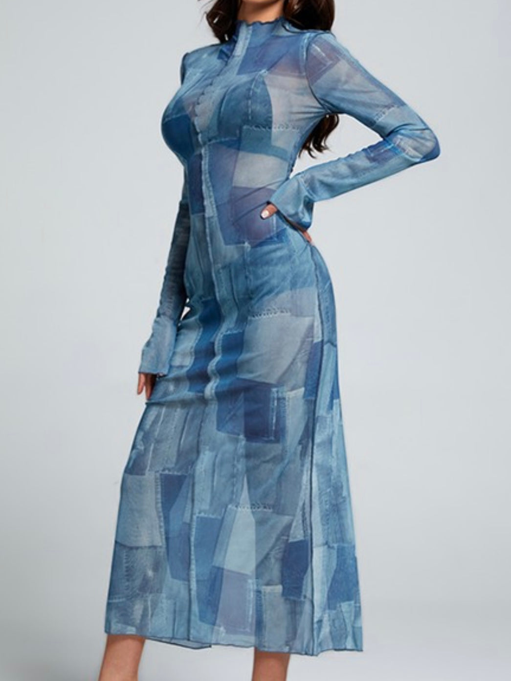 Denim Block Print Mesh Maxi Dress