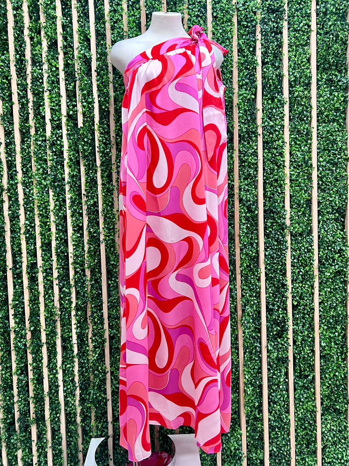 Fuchsia Swirl One Shoulder Maxi Dress