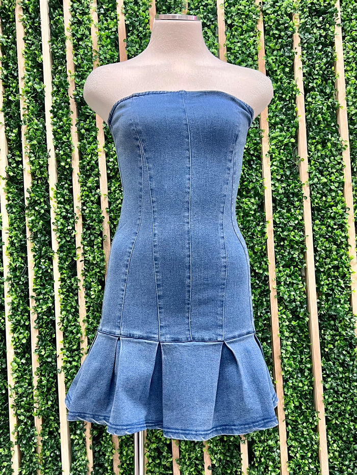 Strapless Ruffled Denim Short Dress