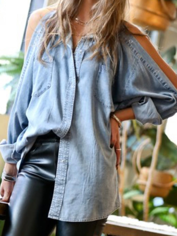 Unique Shoulder Cutout Denim Blouse