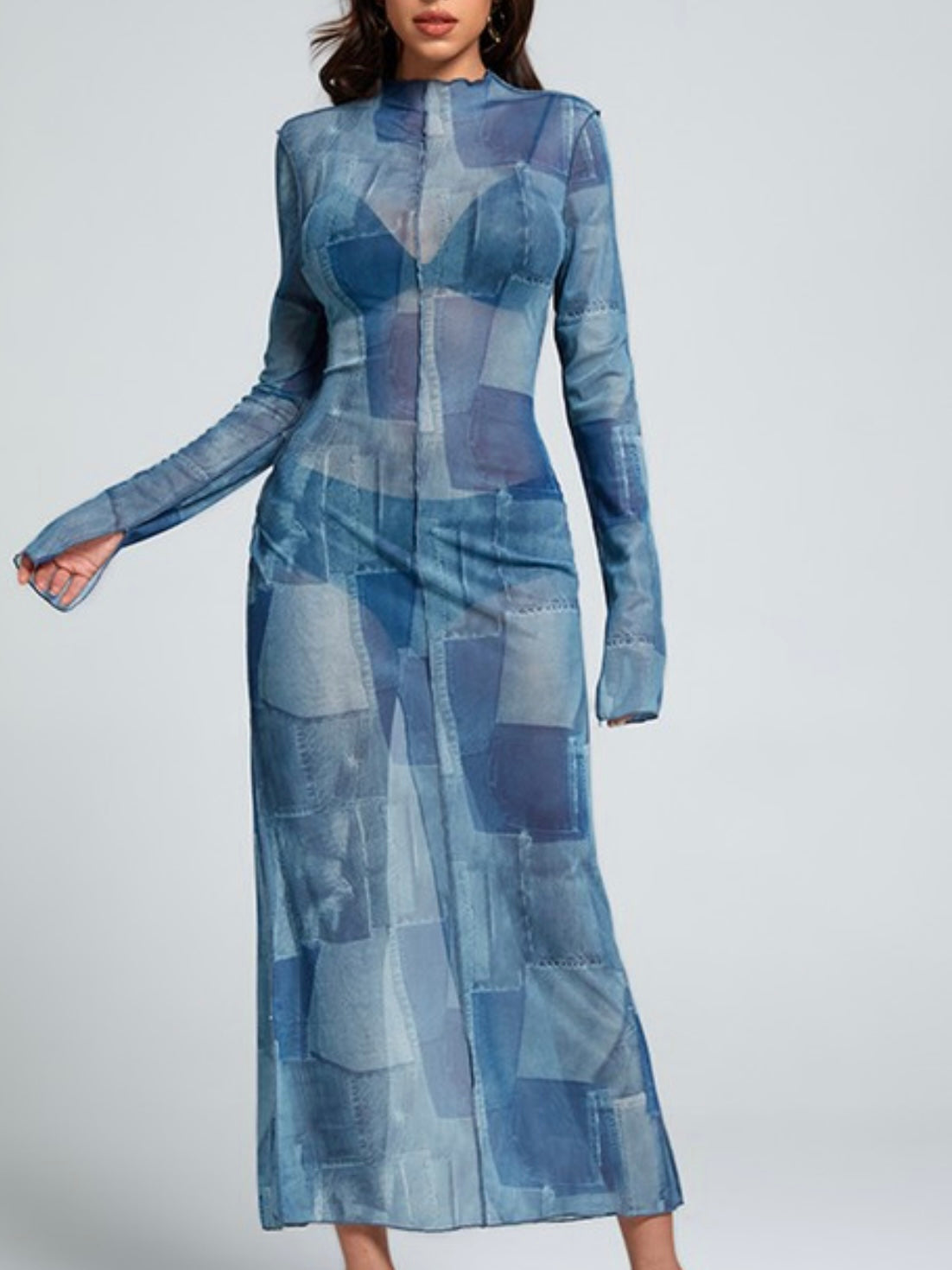 Denim Block Print Mesh Maxi Dress