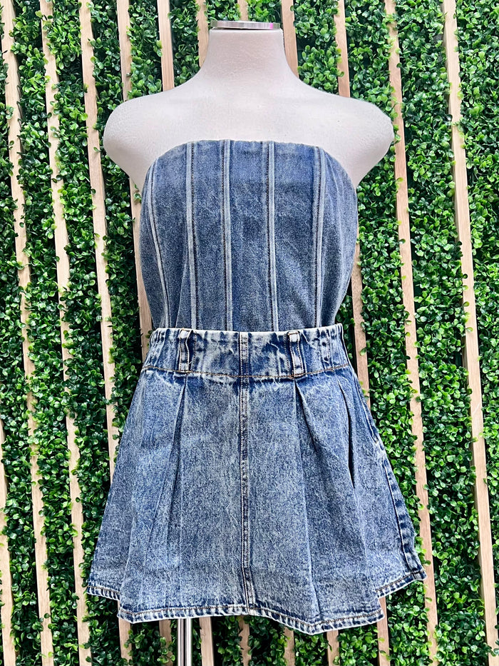 Denim Pleated Cargo Skirt
