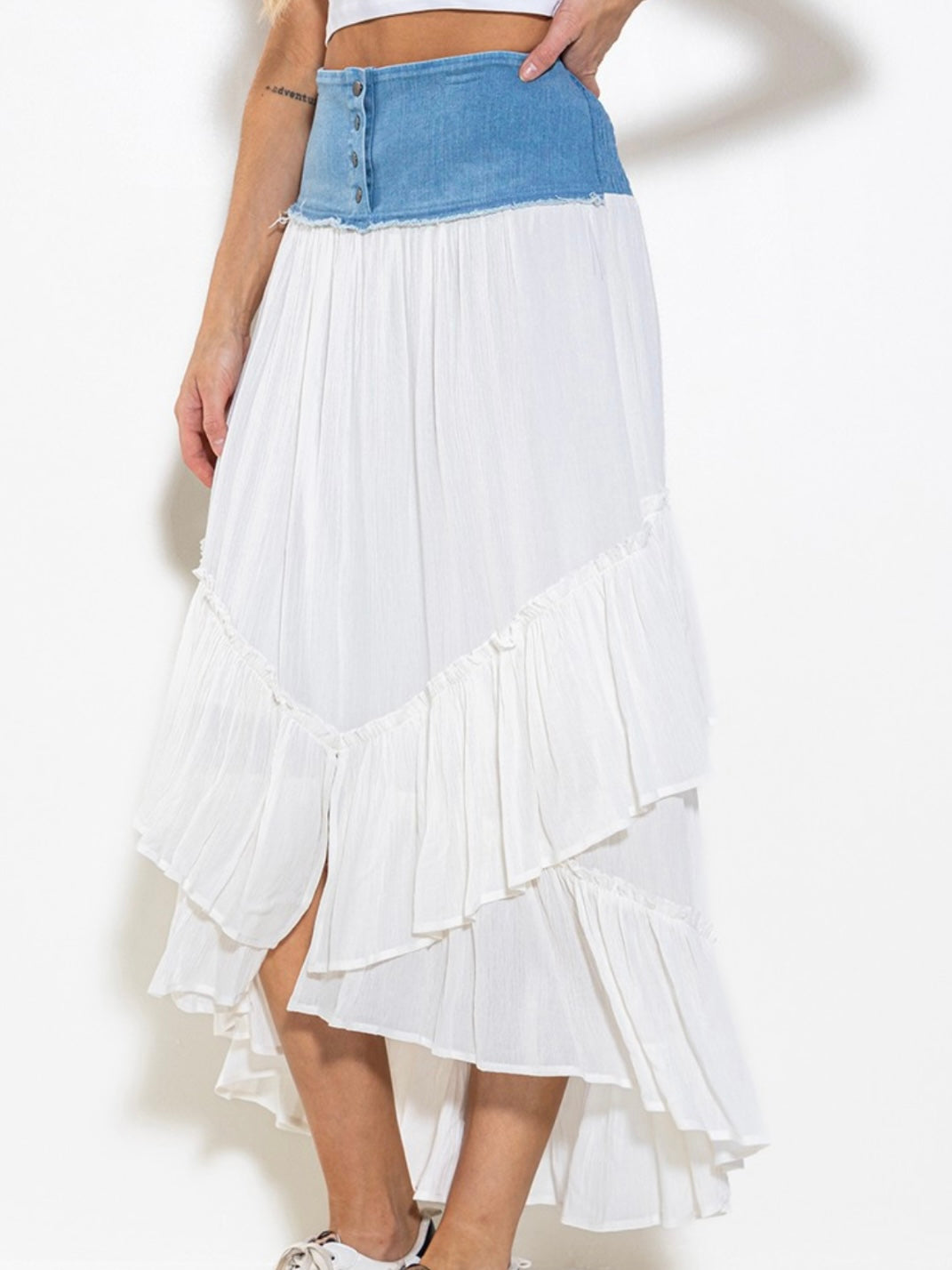 Denim Contrast Gauze Maxi Skirt